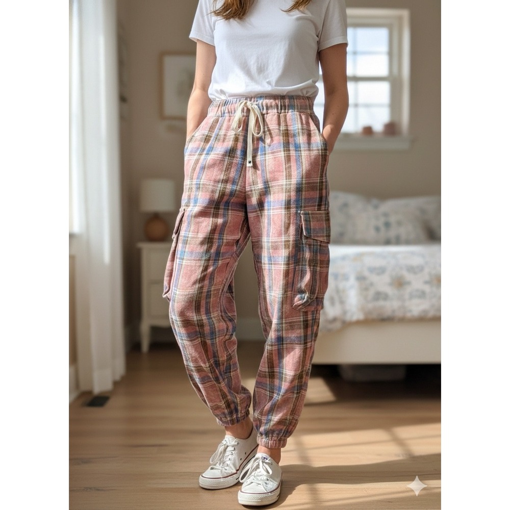 POL Clothing Plaid Cargo Joggers Pink Blue Multi Cotton Womens Medium